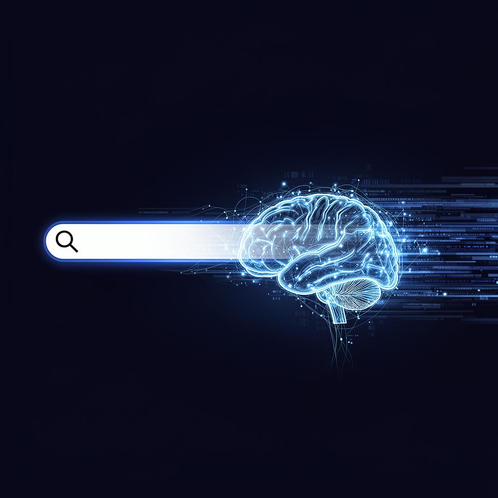 AI-powered search evolution showing a search bar transforming into artificial intelligence