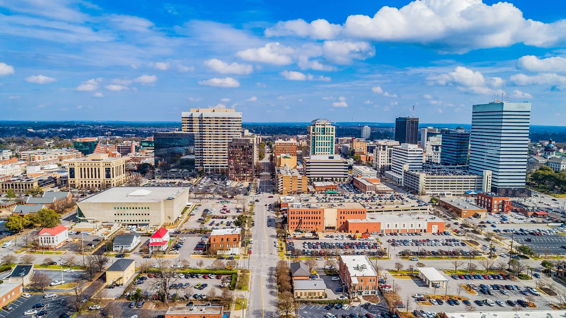 Aerial view of downtown Columbia, South Carolina skyline